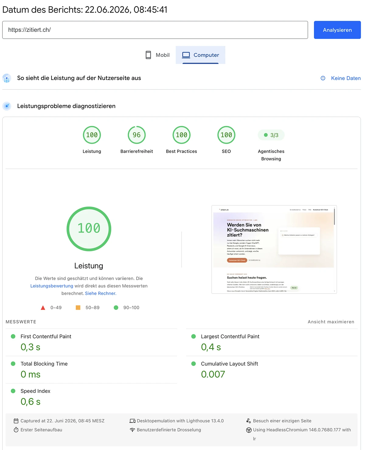 PageSpeed Insights von zitiert.ch in der Desktop-Messung: Leistung 100, Barrierefreiheit 96, Best Practices 100, SEO 100 und Agentic Browsing 3 von 3.