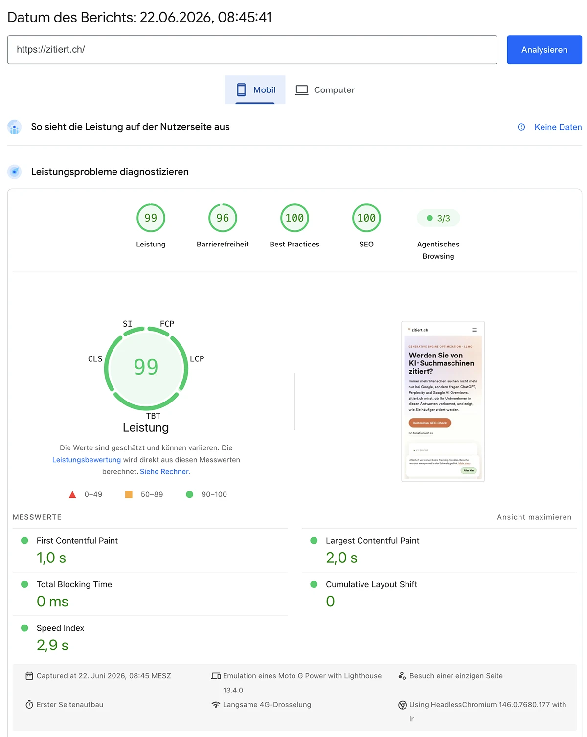PageSpeed Insights von zitiert.ch in der mobilen Messung: Leistung 99, Barrierefreiheit 96, Best Practices 100, SEO 100 und Agentic Browsing 3 von 3.